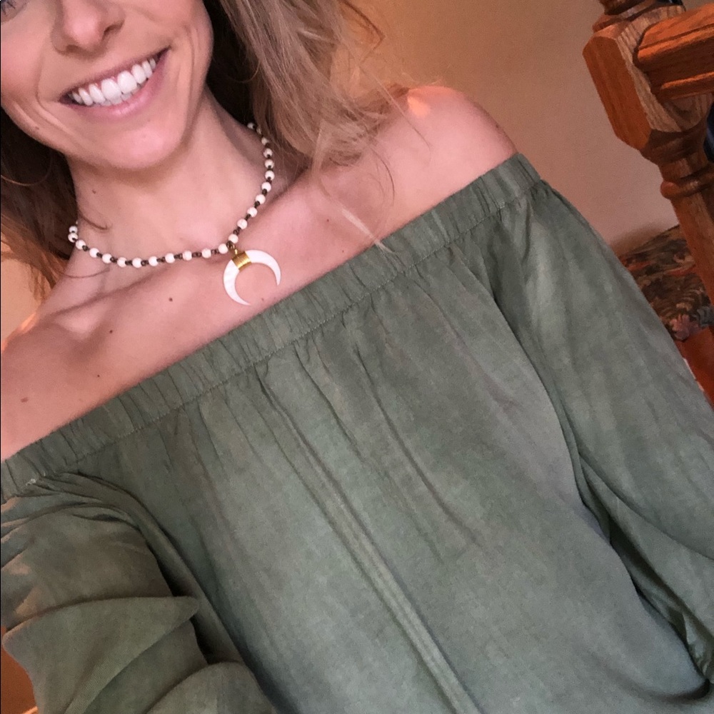 OTS, green, flowy top